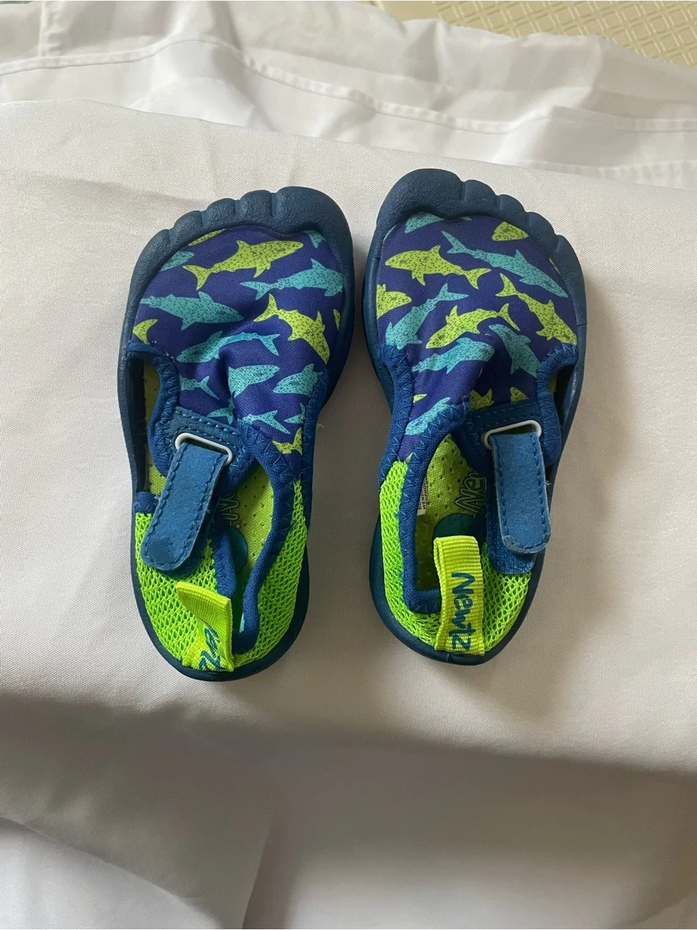 Newtz Kids Navy Shark-Print Velcro Water Shoes with Lime Accents, Size 5/6